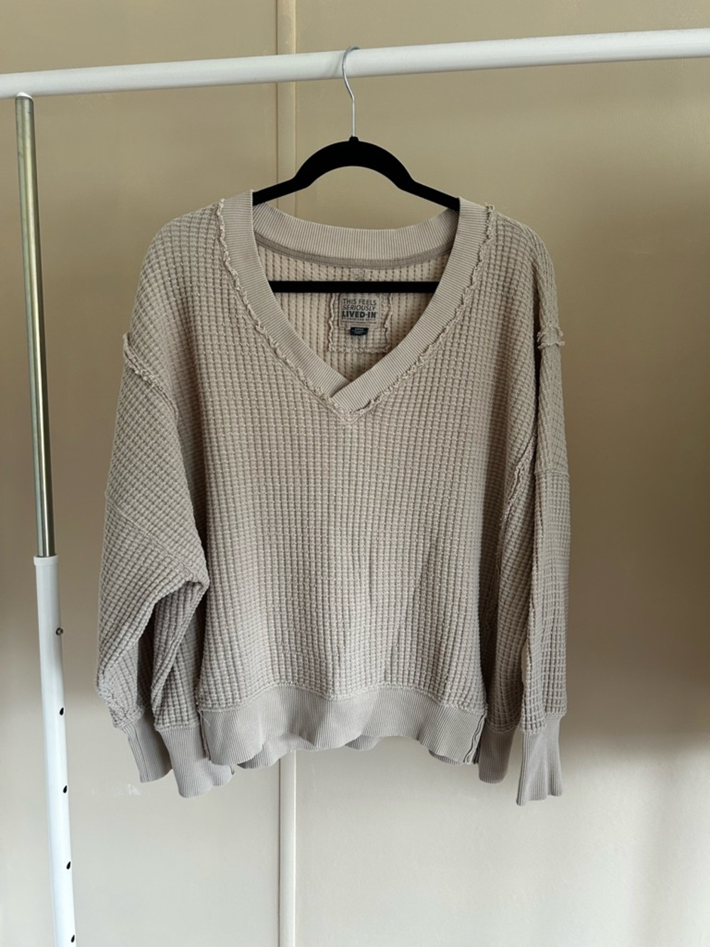 American Eagle Outfitters Light Beige Waffle V-Neck Sweater